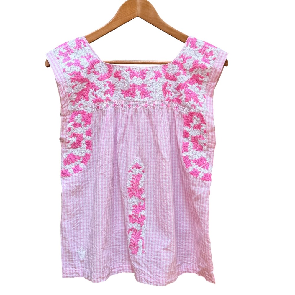 J. Marie Top Women S Pink Gingham Embroidered Floral Sleeveless Preppy Blouse